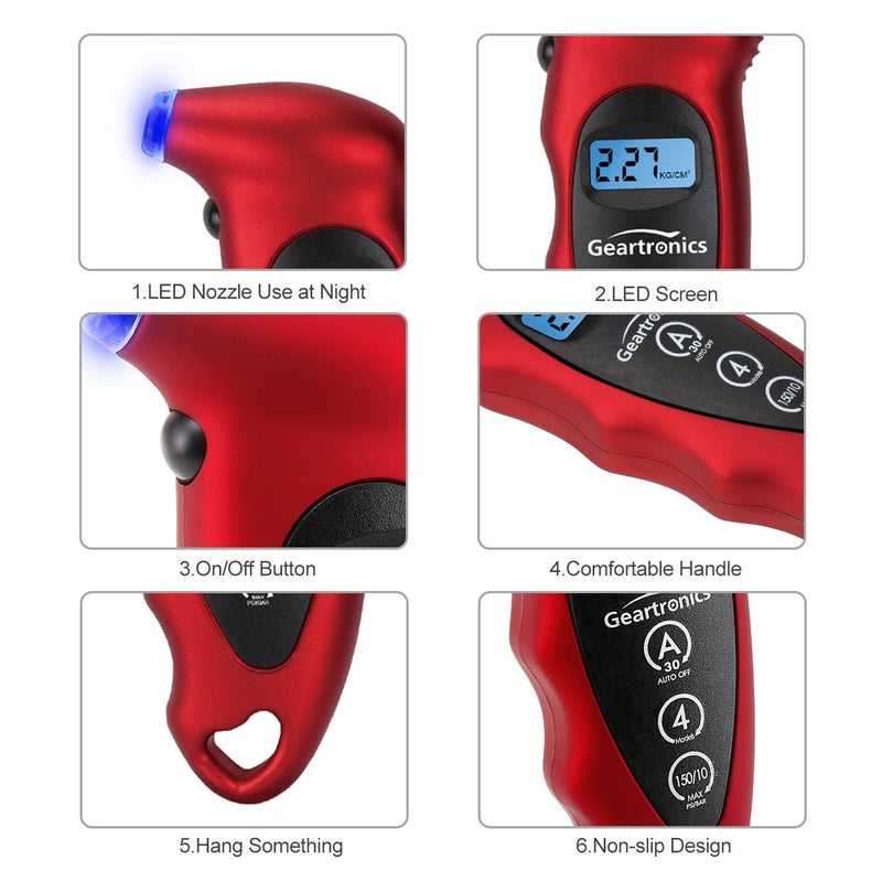 Geartronics Digital Tire Pressure Gauge 150 PSI 4 Settings with Backlight LCD Tire Gauge for Cars, Motorcycles and Bikes with Non-Slip Grip, 2 Pack - Image 2